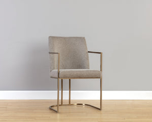 Sunpan Rayla Dining Armchair - Elegant Cantilever Design with Antique Brass Frame for Stylish Interiors Belfast Oyster Shell