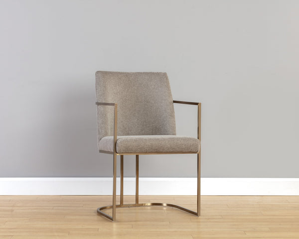 Sunpan Rayla Dining Armchair - Elegant Cantilever Design with Antique Brass Frame for Stylish Interiors Belfast Oyster Shell