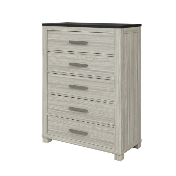 English Elm Augusta Solid Wood Chest with Dark Brown Top, Spacious Drawers and Silver Bar Handles, Stylish beige brown 43.11 L x 20.67 W x 57.28 H B201P390563