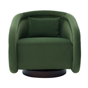 English Elm Swivel Barrel Chair Pumpkin Sculptural Velvet Upholstered with Walnut Wood Round Base Green W3244P427740