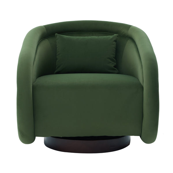 English Elm Swivel Barrel Chair Pumpkin Sculptural Velvet Upholstered with Walnut Wood Round Base Green W3244P427740