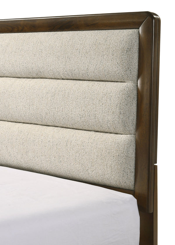 English Elm Beautiful Contemporary Queen Size Panel Bed with Beige Upholstered Headboard, Solid Wood Finish, Elegant Design and Easy Assembly Brown 82.5 L x 41.5 W x 7 H B011S01227