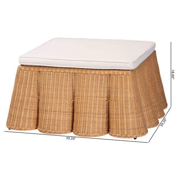 English Elm Scallop Handwoven Rattan Square Ottoman Sculptural Wicker Footrest for Bohemian Living Rooms B2750P467862