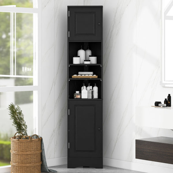 English Elm Multi-Functional Corner Cabinet Tall Trapezoid Bathroom Storage with Adjustable Shelves, Doors, Anti-Dump Device Black WF530911AAB