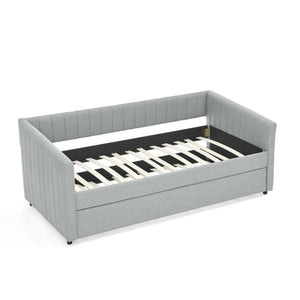 English Elm Twin Size Daybed With Trundle - Stylish Grey Linen Upholstered Sofa Bed With Vertical Stripes W1413S00089-GIGA