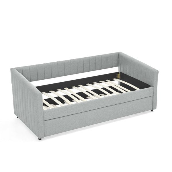 English Elm Twin Size Daybed With Trundle - Stylish Grey Linen Upholstered Sofa Bed With Vertical Stripes W1413S00089-GIGA