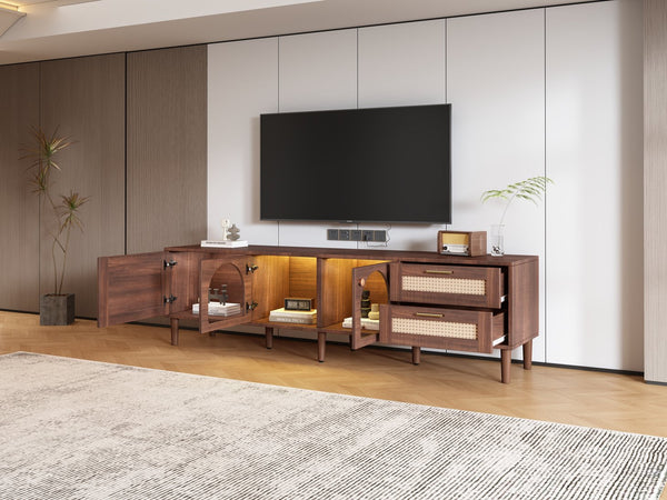 English Elm 70 Inch Rattan Media Console with Led Lighting Two Drawers Glass Storage Modern Living Room N710P396852P