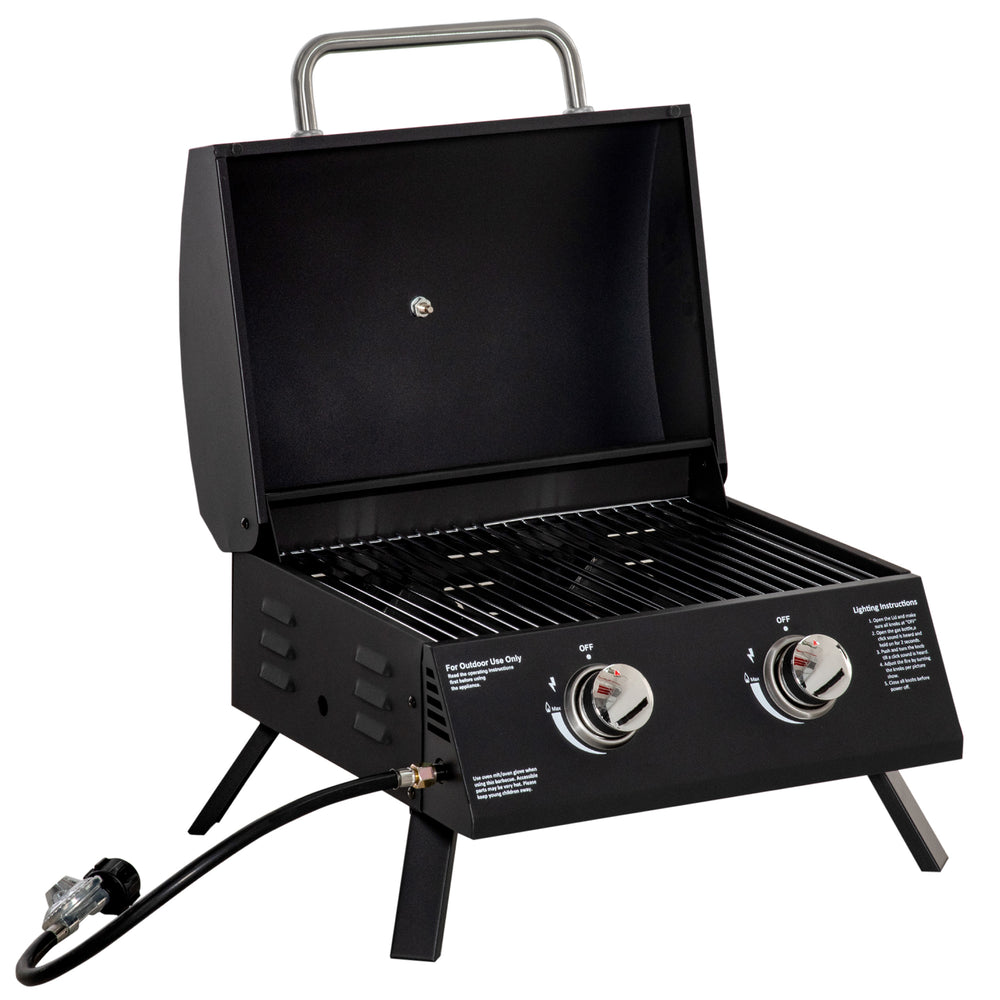 English Elm Outsunny Dual Burner Propane Tabletop Grill Foldable Portable Outdoor Bbq with Lid W2225P174289