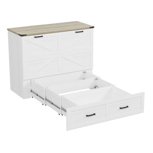 English Elm Full Farmhouse Murphy Cabinet Bed with Charging Station and Large Drawers, Space-Saving Guest Solution White 52.25 L x 26.25 W x 5.25 H N733S237853W