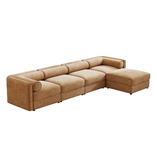 English Elm Modular Sectional Sofa With Smart Storage, Ergonomic Cylindrical Backrest & Luxurious Camel Upholstery W714S01231