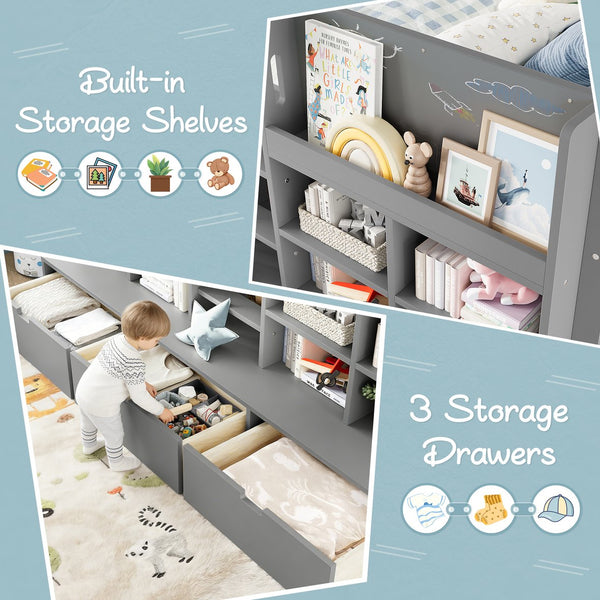 English Elm Full Bunk Bed with Trundle Bookshelf Storage Pine Frame Car Design for Kids W1580S00398