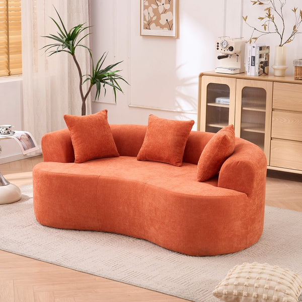 English Elm Crescent-shaped Chenille Sofa Curved Low-back Two-seater with Cloud-like Deep Cushions Orange W2012P375749