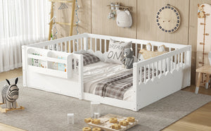 English Elm Twin Low Profile Kids Floor Bed Pine Wood Frame with Safety Rail and Built in Bookshelf White W1580P373138