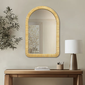 English Elm 39.00x26.00x1.20" Handwoven Rattan Arched Wall Mirror Bohemian Organic Accent B035P437551