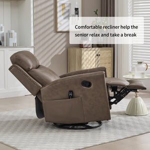 English Elm Camel Genuine Leather Massage Rocker Swivel Recliner with Heat and Lumbar Relief W1803P323716