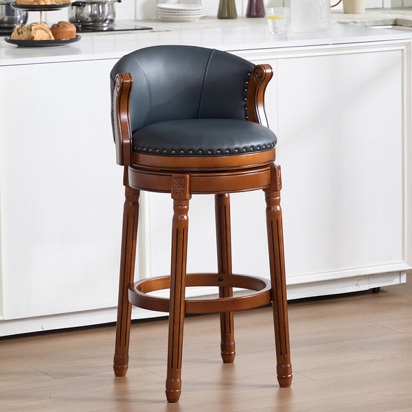 English Elm Cow Leather Swivel Barstool Solid Hardwood Frame 360 Spin Kitchen Counter Seating Brown+Blue W2195P399434