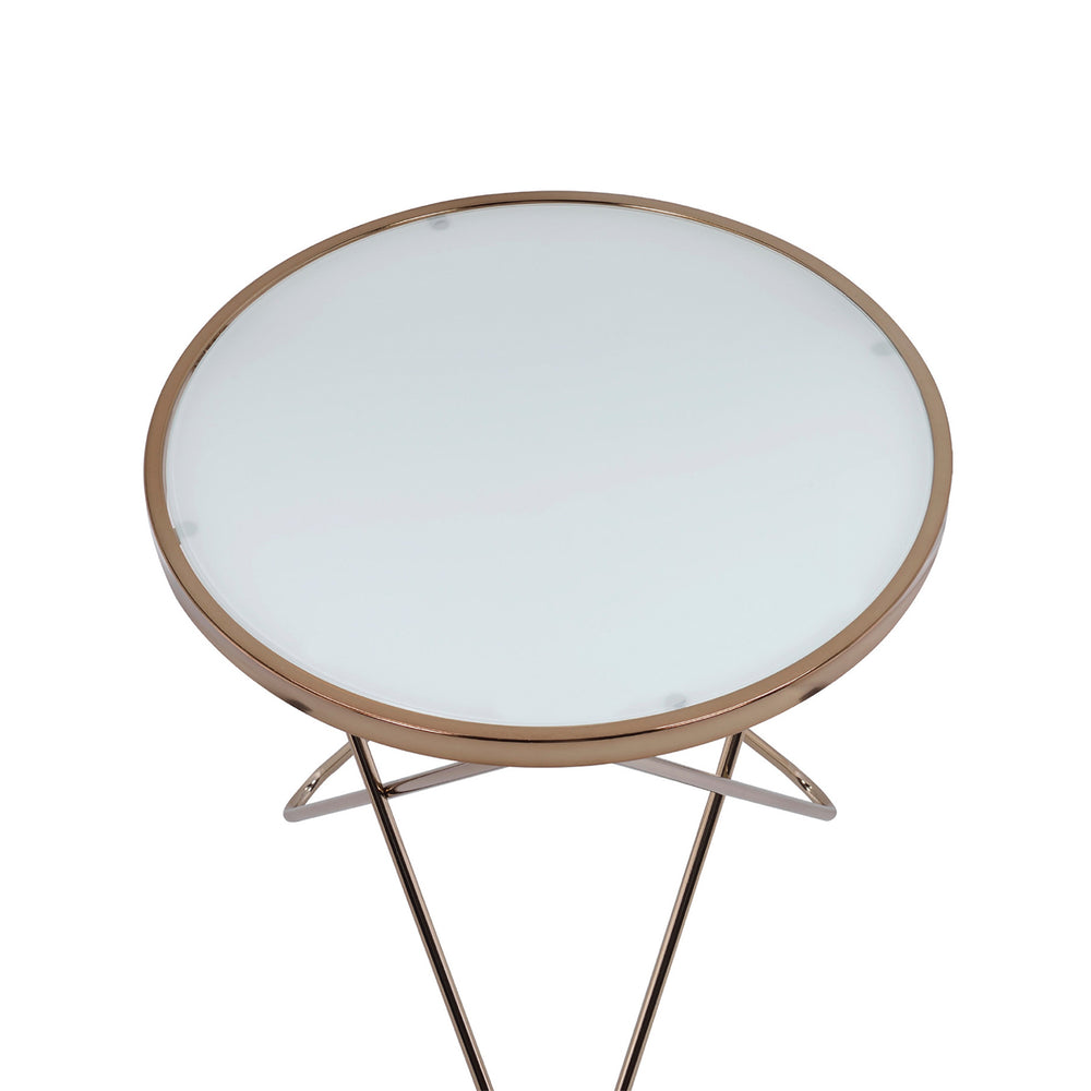 English Elm Frosted Glass Top Round Table Champagne Base — Mid-Century Accent End Table, Elegant Framed Design B016P314057