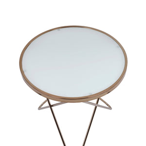 English Elm Frosted Glass Top Round Table Champagne Base — Mid-Century Accent End Table, Elegant Framed Design B016P314057