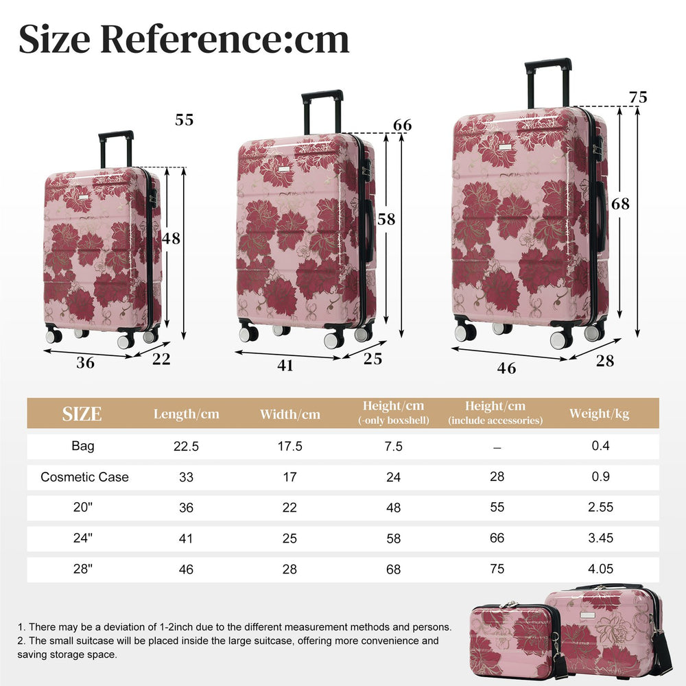 English Elm 6 Piece Hardshell Abs Travel Set with Spinner Wheels Combination Lock and Toiletry Bag Purple Pink Flower N732P391160E