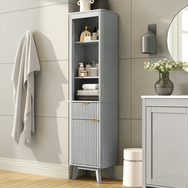English Elm 68" Tall Fluted Freestanding Storage Cabinet with Drawer and Adjustable Shelf for Bathroom Gray N817P375218G