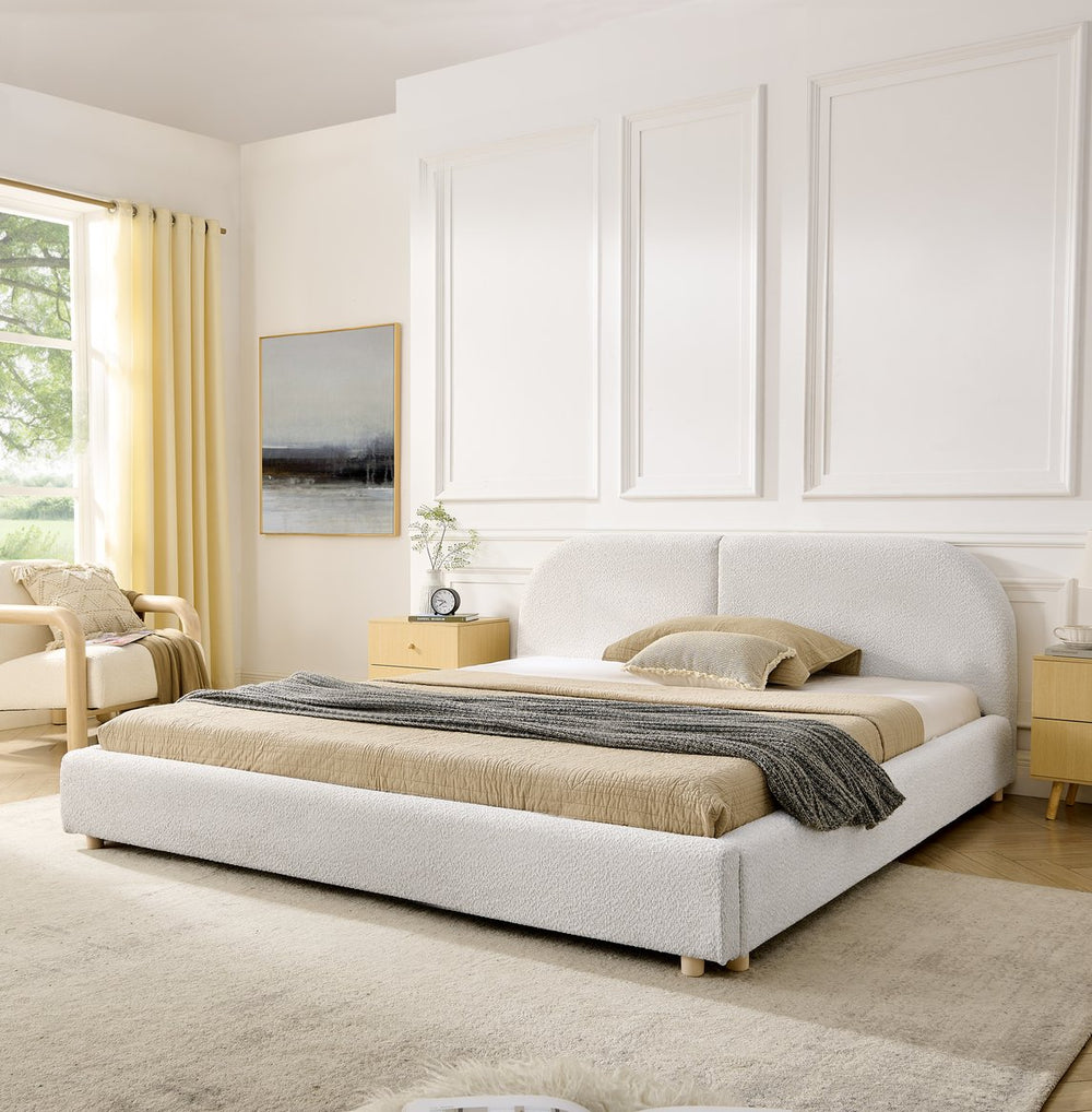 English Elm Queen Upholstered Bed with Tall Curved Headboard Soft Textured Fabric Modern Bedroom Beige W487S00485
