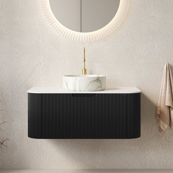 English Elm Dina Floating Bathroom Vanity Sintered Stone Top Glass Basin Striped Plywood Cabinet Black,Carrara White,Stone White W2615S00397