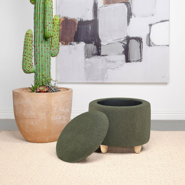English Elm Corvair Plush Faux Sheepskin Round Storage Ottoman with Hidden Compartment and Natural Wood Feet - Cozy Accent Seat Green B062P299980