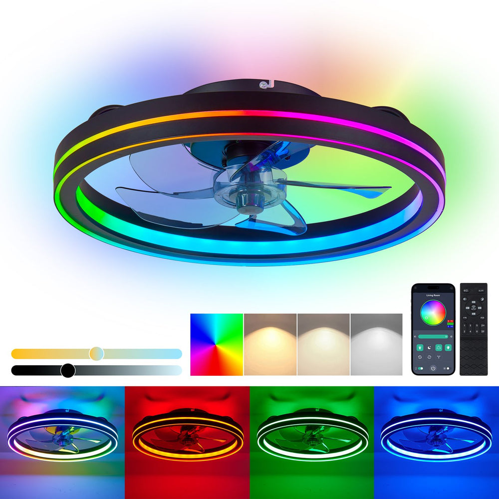 English Elm Rgb Flush Mount Fandelier Smart App Led Ceiling Fan for Low Profile Bedrooms Black W1340P461528