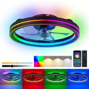 English Elm Rgb Flush Mount Fandelier Smart App Led Ceiling Fan for Low Profile Bedrooms Black W1340P461528