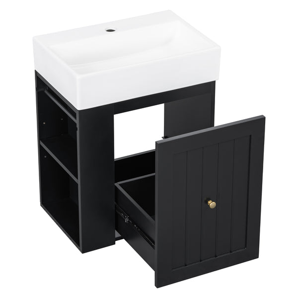English Elm 20-Inch Compact Bathroom Vanity with Ceramic Sink, Wall-Mounted MDF Cabinet, Modern Space-Saver Design Black N725P314023B