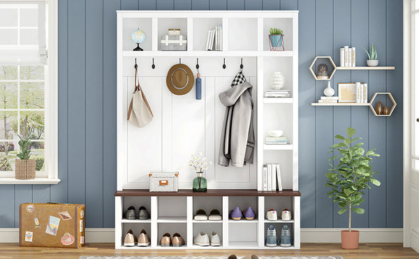 English Elm Farmhouse Hall Tree with Triple Arch Back Panel Eight Hooks Drawers and Entryway Bench N721S000044K-1