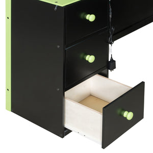 English Elm Full Size Gaming Loft Bed with Led Lighting Desk Drawers and Display Shelving Green LT000263AAF