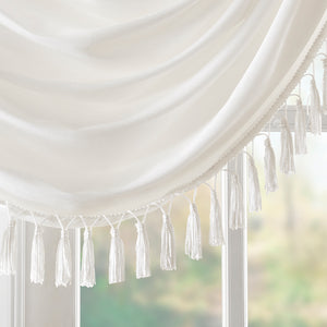 JLA Home Madison Park - Faux Silk Waterfall Valance with Tassel Trim, Lined Rod-Pocket Design for Hotel-Quality Window Styling White MP41-4949