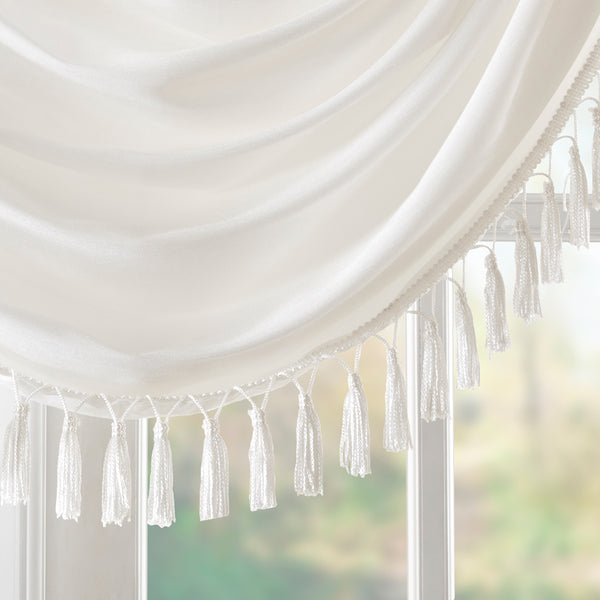 JLA Home Madison Park - Faux Silk Waterfall Valance with Tassel Trim, Lined Rod-Pocket Design for Hotel-Quality Window Styling White MP41-4949