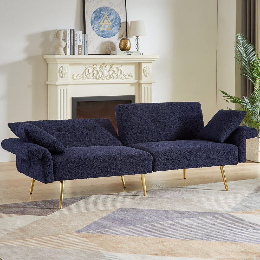 English Elm Modern Teddy Upholstered Loveseat Sofa Bed with Side Pocket, Adjustable Back & Gold Legs, Dark Blue W1117P303450