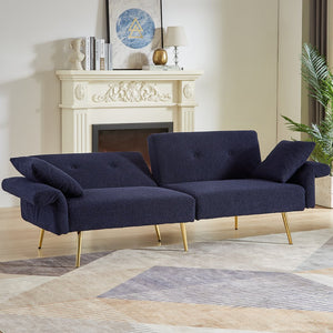 English Elm Modern Teddy Upholstered Loveseat Sofa Bed with Side Pocket, Adjustable Back & Gold Legs, Dark Blue W1117P303450