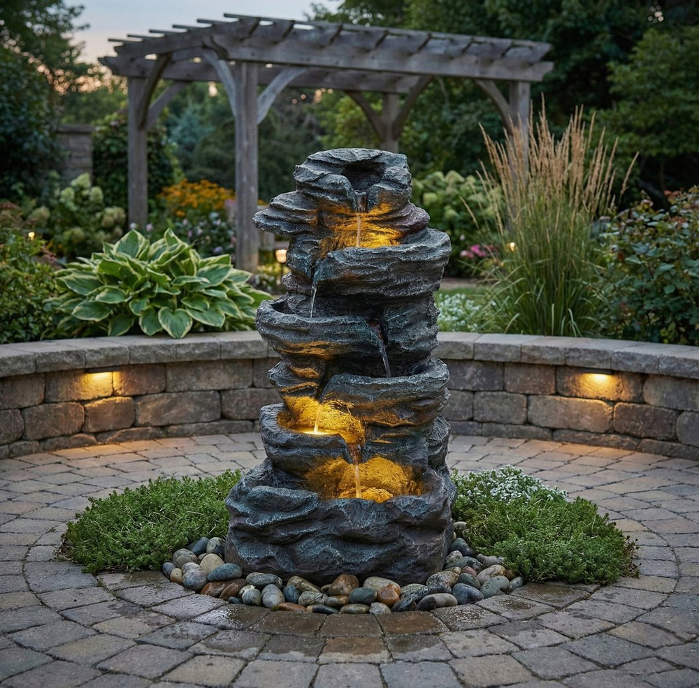 English Elm 6-tier Cascading Resin Stone Fountain with Warm Led Lights for Patio and Garden W853P412664