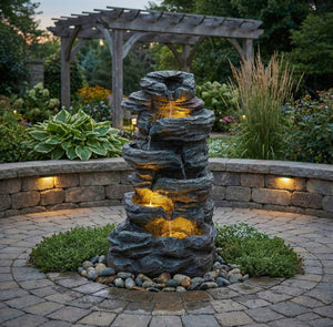 English Elm 6-tier Cascading Resin Stone Fountain with Warm Led Lights for Patio and Garden W853P412664