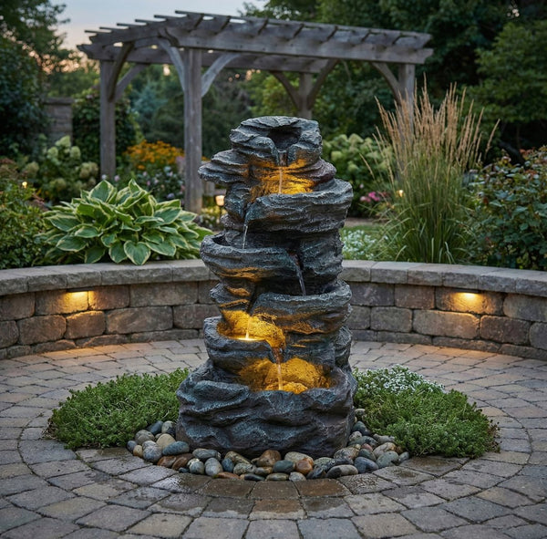 English Elm 6-tier Cascading Resin Stone Fountain with Warm Led Lights for Patio and Garden W853P412664