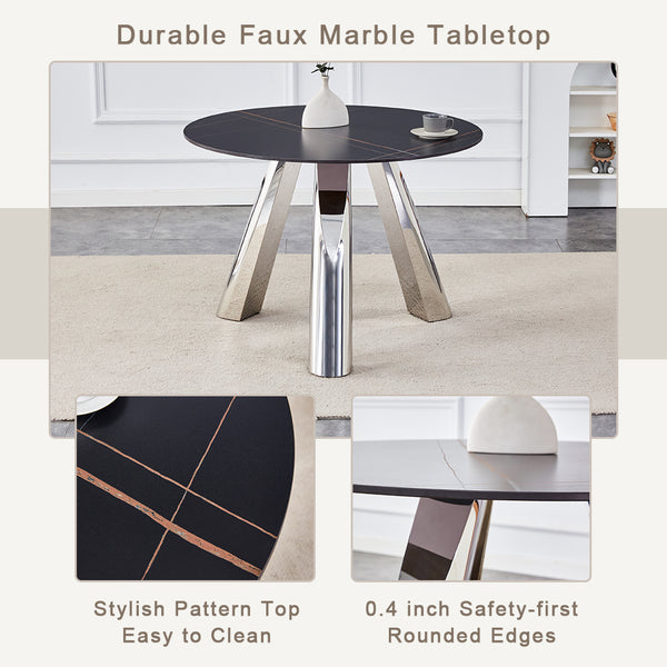 English Elm A 42-inch round dining set with stone top table and gold-plated stainless legs plus four PU chairs Black+Silver 31 L x 19.5 W x 17.5 H W1512S00135