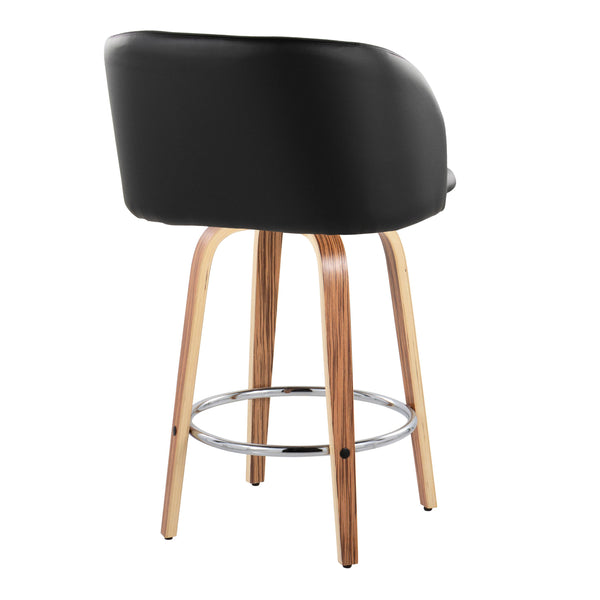 English Elm Fixed-height Swivel Barstools Zebra Wood Base Faux Leather Seat Chrome Footrest Pair B202S01771
