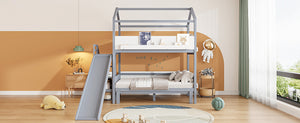 English Elm House-shaped Pine Bunk Bed with Built-in Slide Storage Staircase Twin Over Full Kids Frame Grey+White N820S00082E