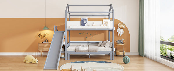 English Elm House-shaped Pine Bunk Bed with Built-in Slide Storage Staircase Twin Over Full Kids Frame Grey+White N820S00082E