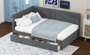 English Elm Twin Wood Daybed with 2 Drawers Rustic Guardrail in Ancient Grey — Storage Twin Bed, Pine MDF Craftsmanship, 300lb Capacity N709P179657E