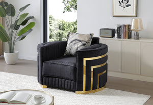 English Elm Soledad Plush 3-Seater Sofa in Rich Black Upholstery with Gold-Hued Chrome Legs & Accent Pillows B078S00629