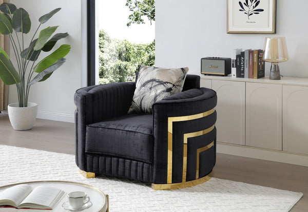 English Elm Soledad Plush 3-Seater Sofa in Rich Black Upholstery with Gold-Hued Chrome Legs & Accent Pillows B078S00629