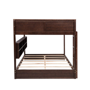 English Elm Queen Over Queen Floor Bunk Bed with Built-In Storage Shelves, USB Charging Station, Solid Pine Frame, Safety Rails and LadderDesigned for Space Saving and Modern Bedrooms Brown W504S00239