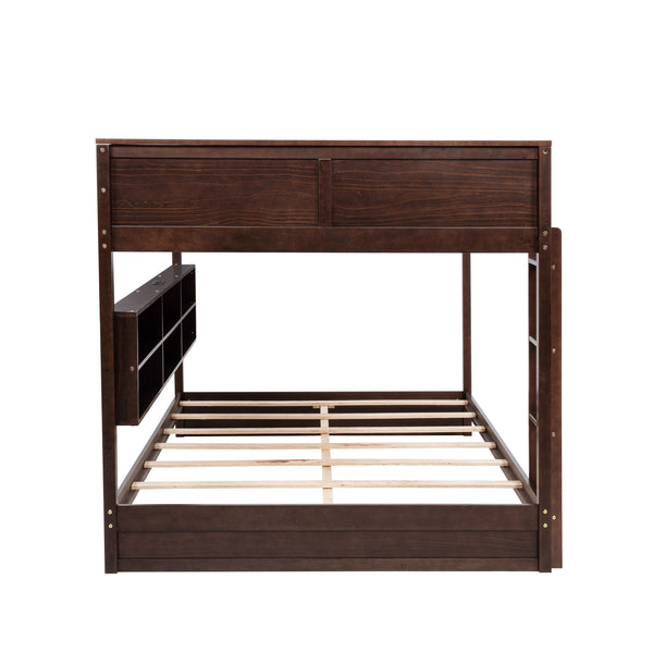 English Elm Queen Over Queen Floor Bunk Bed with Built-In Storage Shelves, USB Charging Station, Solid Pine Frame, Safety Rails and LadderDesigned for Space Saving and Modern Bedrooms Brown W504S00239