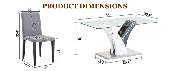 English Elm Table And Chair Set - Modern Glass Dining Table With 6 Light Gray Linen-Cotton Chairs For Comfort W1151S03807-GIGA