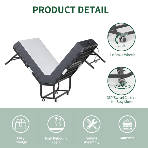English Elm 75 Inch Rollaway Twin Bed with Memory Foam Mattress Heavy Duty Steel Frame Foldable W2735P425460